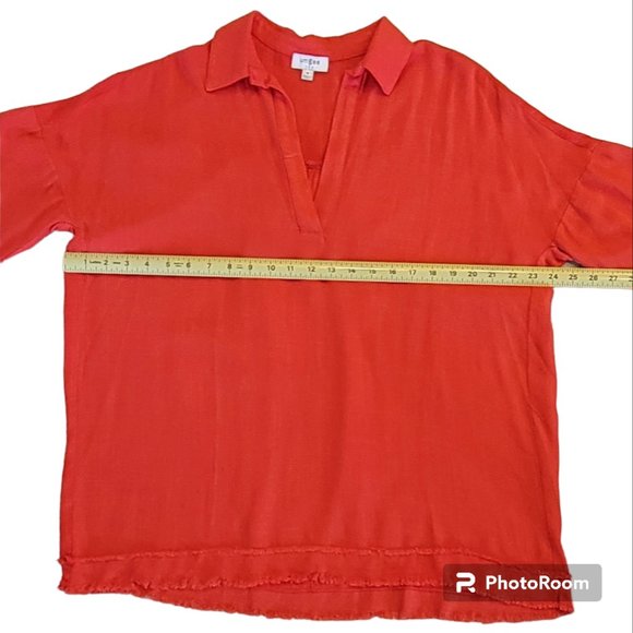 Umgee Tomato Red Linen Blend Over-Sized Boho Tunic with Frayed Hem - Picture 7 of 9